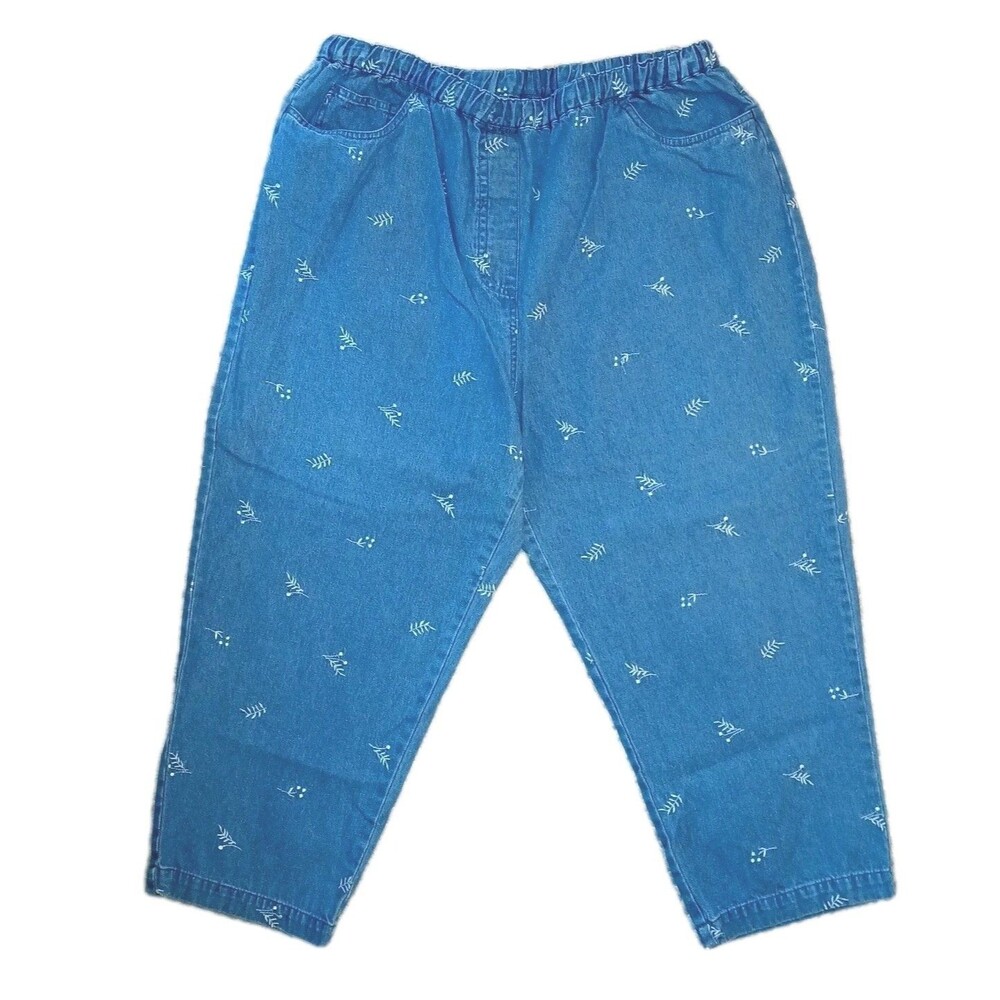 DENIM CO Womens 1X Floral Embroidery Cotton Crop Pull-On Denim Blue Jeans A59438